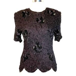 Black Silk Beaded Sequins Short Sleeve Vintage Statement Top